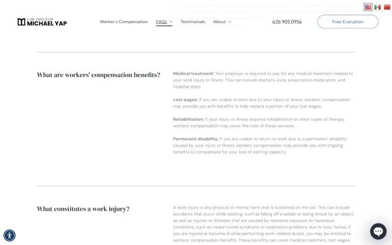 The FAQ page on mywcattorney.com, answering what workers’ compensation benefits cover