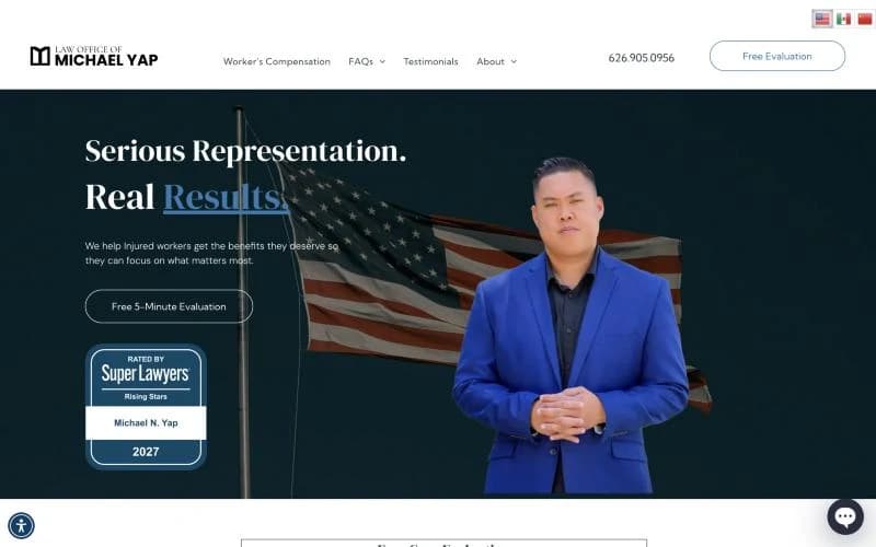 The mywcattorney.com homepage: the firm’s logo, navigation, and a hero with the headline Serious Representation, Real Results